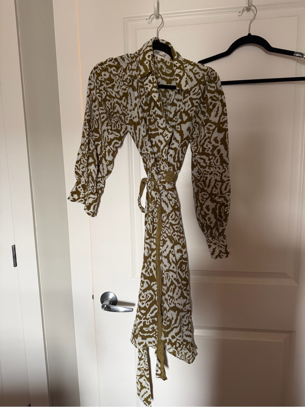 Diane Von Furstenberg Olive and White Printed Wrap Dress